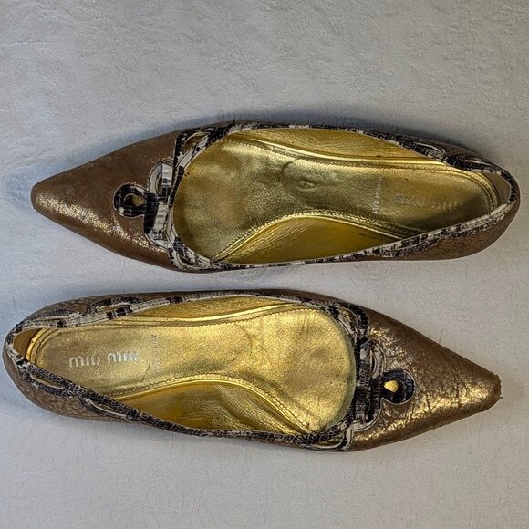 Miu Miu Shoes - Miu Miu Reptile Print Detail Gold Leather Flat Shoes Size 39